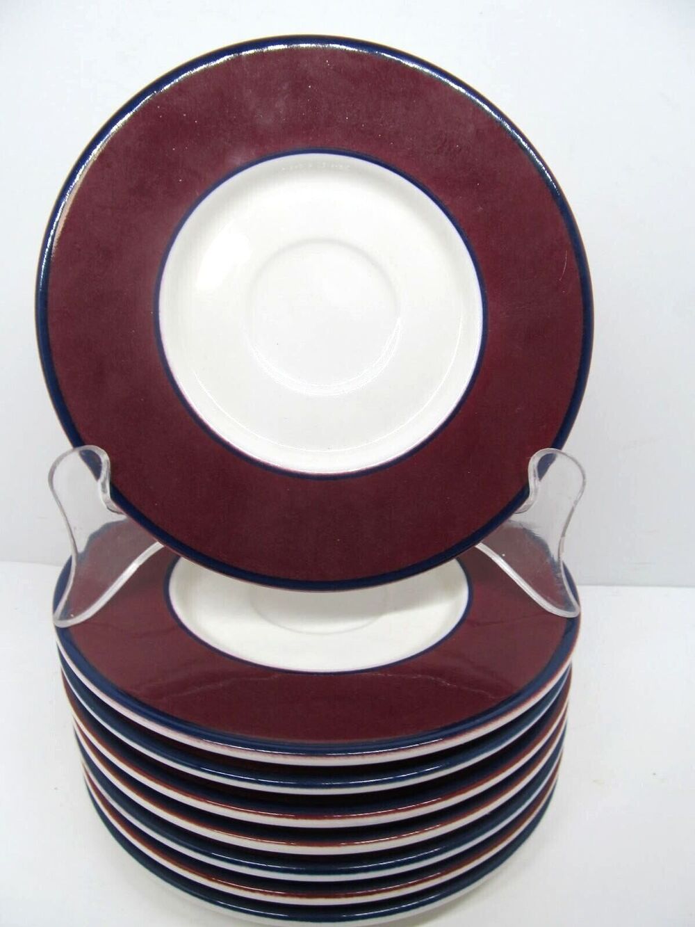 Pagnossin Treviso  Maroon With Blue Trim 6" Saucers Set Of 8